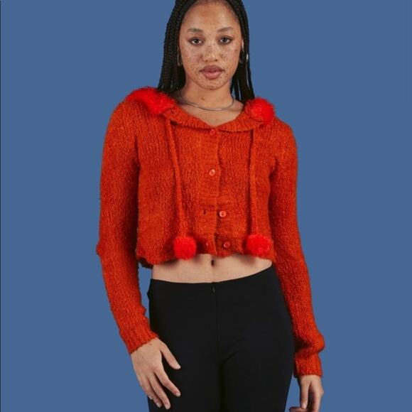 Unif NWT Fuku Orange Fuzzy Hooded Cropped Cardigan Sweater XS - Picture 3 of 12